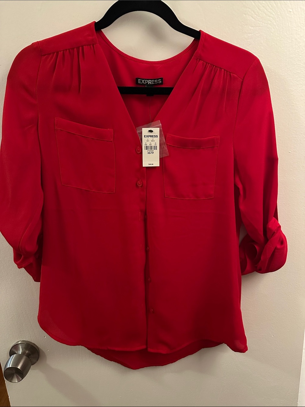 Express Red V-Neck Button-Front Blouse